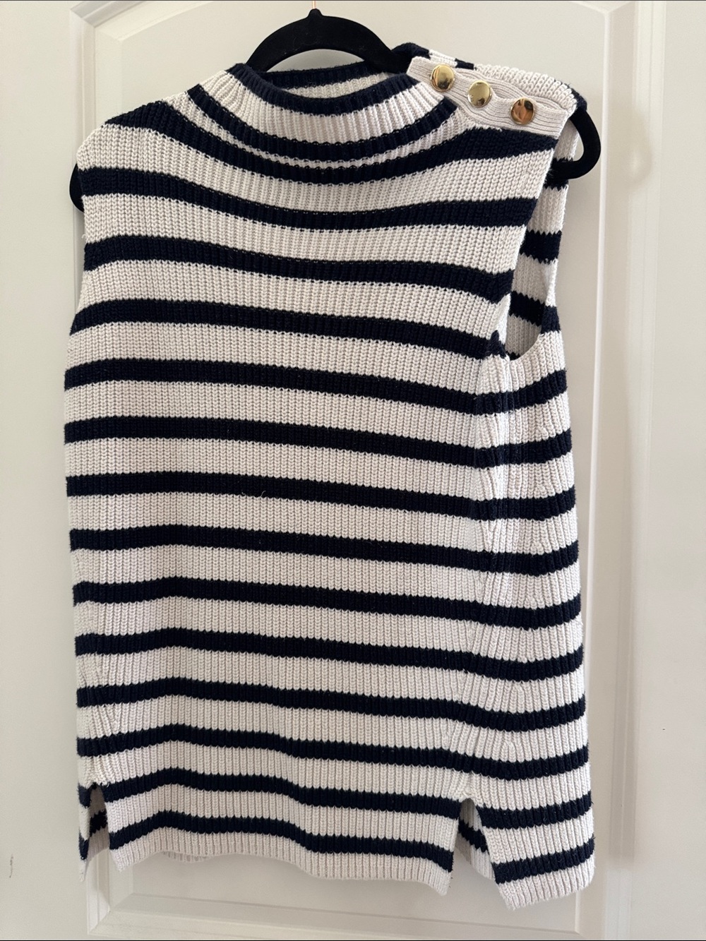 Striped Navy and White Sleeveless Knit Sweater with Button Shoulder
